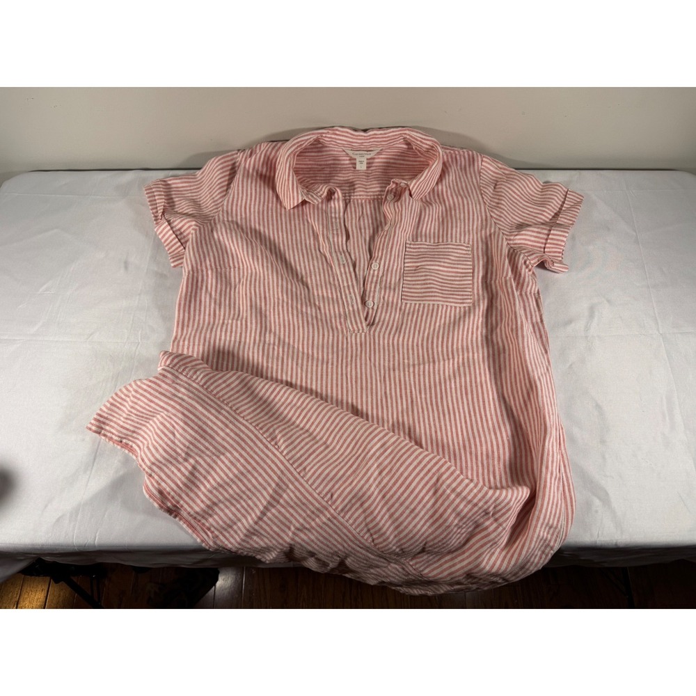 Garnet Hill Pink White Striped Linen Shirt Dress Short Sleeve Size L